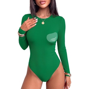 image:imageANRABESS Womens Built in Bra Long Sleeve Ribbed BodysuitsGreen