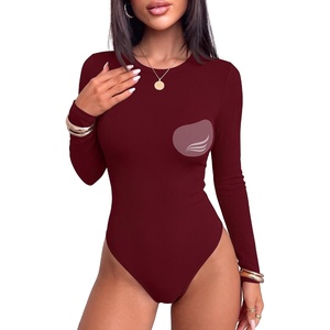 image:imageANRABESS Womens Built in Bra Long Sleeve Ribbed BodysuitsWine Red