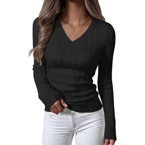 image:imageANRABESS Womens Cable Knit V Neck Long Sleeve Fitted Sweaters TopBlack