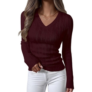 image:imageANRABESS Womens Cable Knit V Neck Long Sleeve Fitted Sweaters TopBurgundy