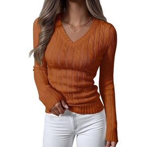 image:imageANRABESS Womens Cable Knit V Neck Long Sleeve Fitted Sweaters TopBurnt Orange