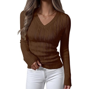 image:imageANRABESS Womens Cable Knit V Neck Long Sleeve Fitted Sweaters TopCoffee