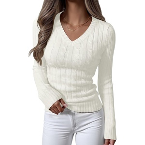 image:imageANRABESS Womens Cable Knit V Neck Long Sleeve Fitted Sweaters TopCream White