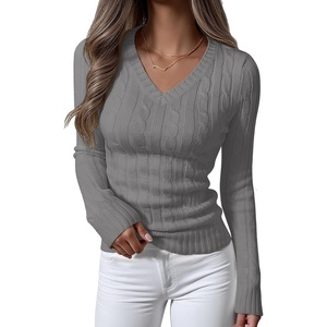 image:imageANRABESS Womens Cable Knit V Neck Long Sleeve Fitted Sweaters TopGrey