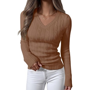 image:imageANRABESS Womens Cable Knit V Neck Long Sleeve Fitted Sweaters TopKhaki Tan