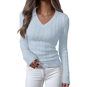 image:imageANRABESS Womens Cable Knit V Neck Long Sleeve Fitted Sweaters TopLight Blue