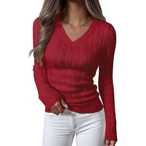 image:imageANRABESS Womens Cable Knit V Neck Long Sleeve Fitted Sweaters TopRed