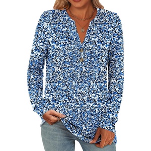 image:imageANRABESS Womens Fall Shirts Long Sleeve Henley Top Dressy Casual BlouseBlue White Floral
