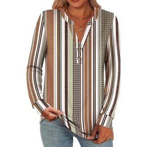 image:imageANRABESS Womens Fall Shirts Long Sleeve Henley Top Dressy Casual BlouseBrown White Strip