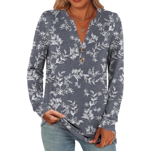image:imageANRABESS Womens Fall Shirts Long Sleeve Henley Top Dressy Casual BlouseGrey White Floral