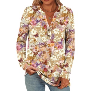 image:imageANRABESS Womens Fall Shirts Long Sleeve Henley Top Dressy Casual BlouseKhaki Beige Floral