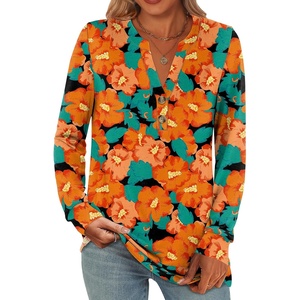 image:imageANRABESS Womens Fall Shirts Long Sleeve Henley Top Dressy Casual BlouseTeal Orange Floral