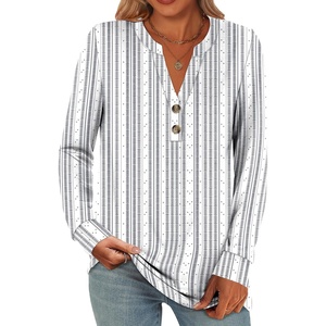 image:imageANRABESS Womens Fall Shirts Long Sleeve Henley Top Dressy Casual BlouseWhite Grey Strip
