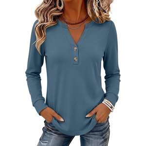 image:imageANRABESS Womens Long Sleeve Shirts Air Layer Henley V Neck TopsGrey Blue