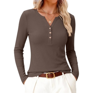 image:imageANRABESS Womens Long Sleeve Shirts Henley V Neck Thermal TopBrown