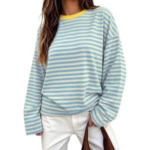 image:imageANRABESS Womens Long Sleeve Shirts Oversized Striped TopsBlue Beige Stripe