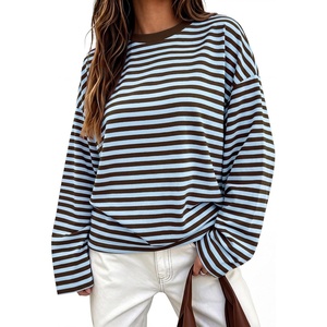 image:imageANRABESS Womens Long Sleeve Shirts Oversized Striped TopsBlue Brown Stripe