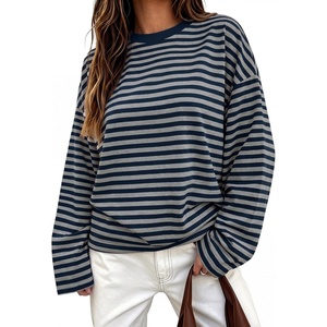 image:imageANRABESS Womens Long Sleeve Shirts Oversized Striped TopsNavy Blue Grey Stripe