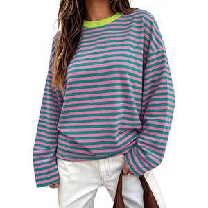 image:imageANRABESS Womens Long Sleeve Shirts Oversized Striped TopsPink Green Stripe