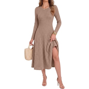 image:imageANRABESS Womens Long Sleeve Sweater Dress Fall Ribbed Knit Midi DressesTan