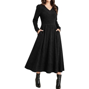 image:imageANRABESS Womens Long Sleeve V Neck A Line Fall Midi DressBlack
