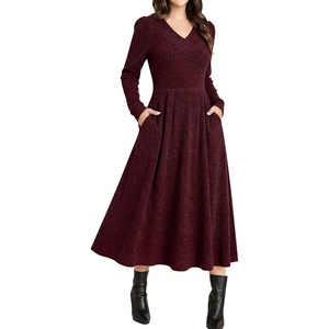 image:imageANRABESS Womens Long Sleeve V Neck A Line Fall Midi DressBurgundy