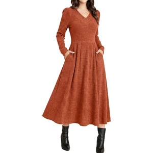 image:imageANRABESS Womens Long Sleeve V Neck A Line Fall Midi DressBurnt Orange