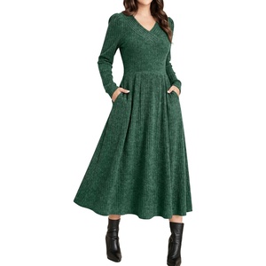 image:imageANRABESS Womens Long Sleeve V Neck A Line Fall Midi DressGreen