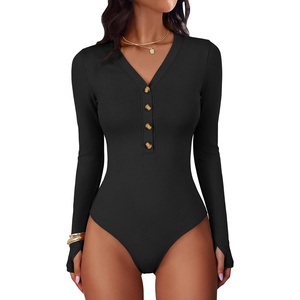 image:imageANRABESS Womens Long Sleeve V Neck Henley Bodysuits TopsBlack