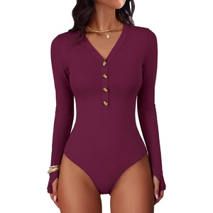 image:imageANRABESS Womens Long Sleeve V Neck Henley Bodysuits TopsWine Red