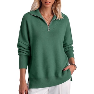 image:imageANRABESS Womens Oversized Quarter Zip Pullover SweatersDeep Gray Geen