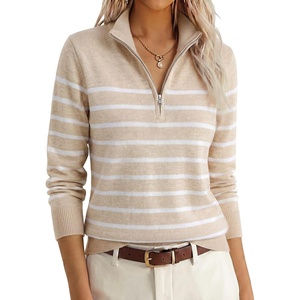 image:imageANRABESS Womens Quarter Zip Fall Lightweight SweatersStriped White Almond