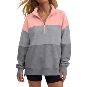 image:imageANRABESS Womens Quarter Zip Pullover Oversized Color Block SweatshirtsPink Grey