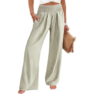image:imageANRABESS Womens Striped Gingham Wide Leg Palazzo Pants with PocketsArmy Green White Plaid