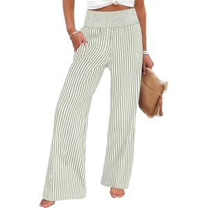 image:imageANRABESS Womens Striped Gingham Wide Leg Palazzo Pants with PocketsArmy Green White Stripe