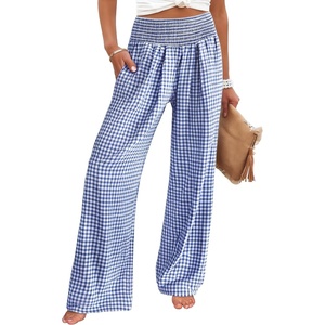 image:imageANRABESS Womens Striped Gingham Wide Leg Palazzo Pants with PocketsBlue White Plaid