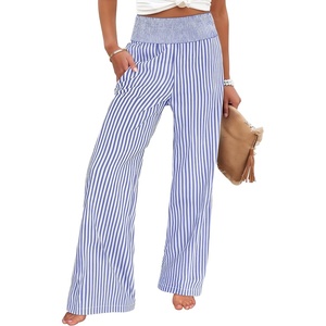 image:imageANRABESS Womens Striped Gingham Wide Leg Palazzo Pants with PocketsBlue White Stripe