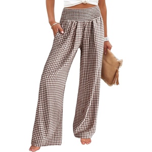 image:imageANRABESS Womens Striped Gingham Wide Leg Palazzo Pants with PocketsBrown White Plaid