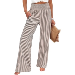 image:imageANRABESS Womens Striped Gingham Wide Leg Palazzo Pants with PocketsBrown White Stripe
