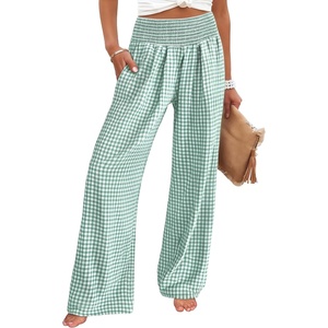 image:imageANRABESS Womens Striped Gingham Wide Leg Palazzo Pants with PocketsGreen White Plaid
