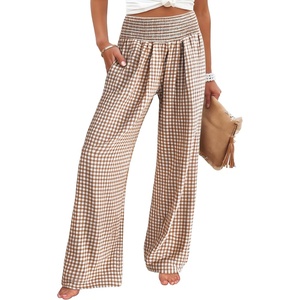 image:imageANRABESS Womens Striped Gingham Wide Leg Palazzo Pants with PocketsLight Brown White Plaid