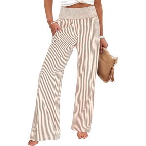 image:imageANRABESS Womens Striped Gingham Wide Leg Palazzo Pants with PocketsLight Brown White Stripe