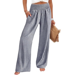 image:imageANRABESS Womens Striped Gingham Wide Leg Palazzo Pants with PocketsNavy Blue White Plaid