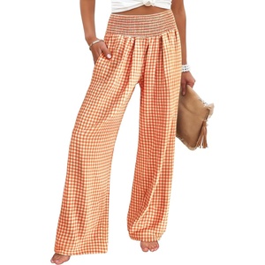 image:imageANRABESS Womens Striped Gingham Wide Leg Palazzo Pants with PocketsOrange White Plaid