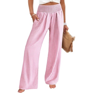 image:imageANRABESS Womens Striped Gingham Wide Leg Palazzo Pants with PocketsPink White Plaid