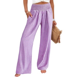 image:imageANRABESS Womens Striped Gingham Wide Leg Palazzo Pants with PocketsPurple White Plaid