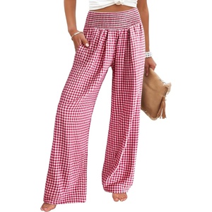 image:imageANRABESS Womens Striped Gingham Wide Leg Palazzo Pants with PocketsRed White Plaid