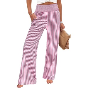 image:imageANRABESS Womens Striped Gingham Wide Leg Palazzo Pants with PocketsRed White Stripe