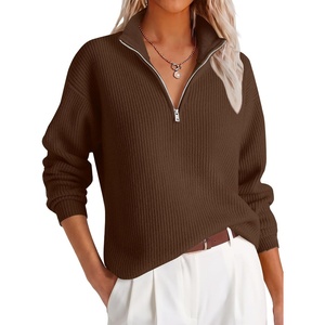 image:imageANRABESS Womens Sweaters Cropped Quarter Zip Pullover Fall OutfitsBrown