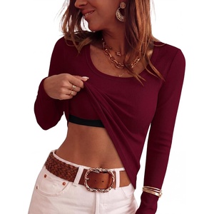 image:imageANRABESS Womens Tops Long Sleeve Shirt Built in BraWine Red